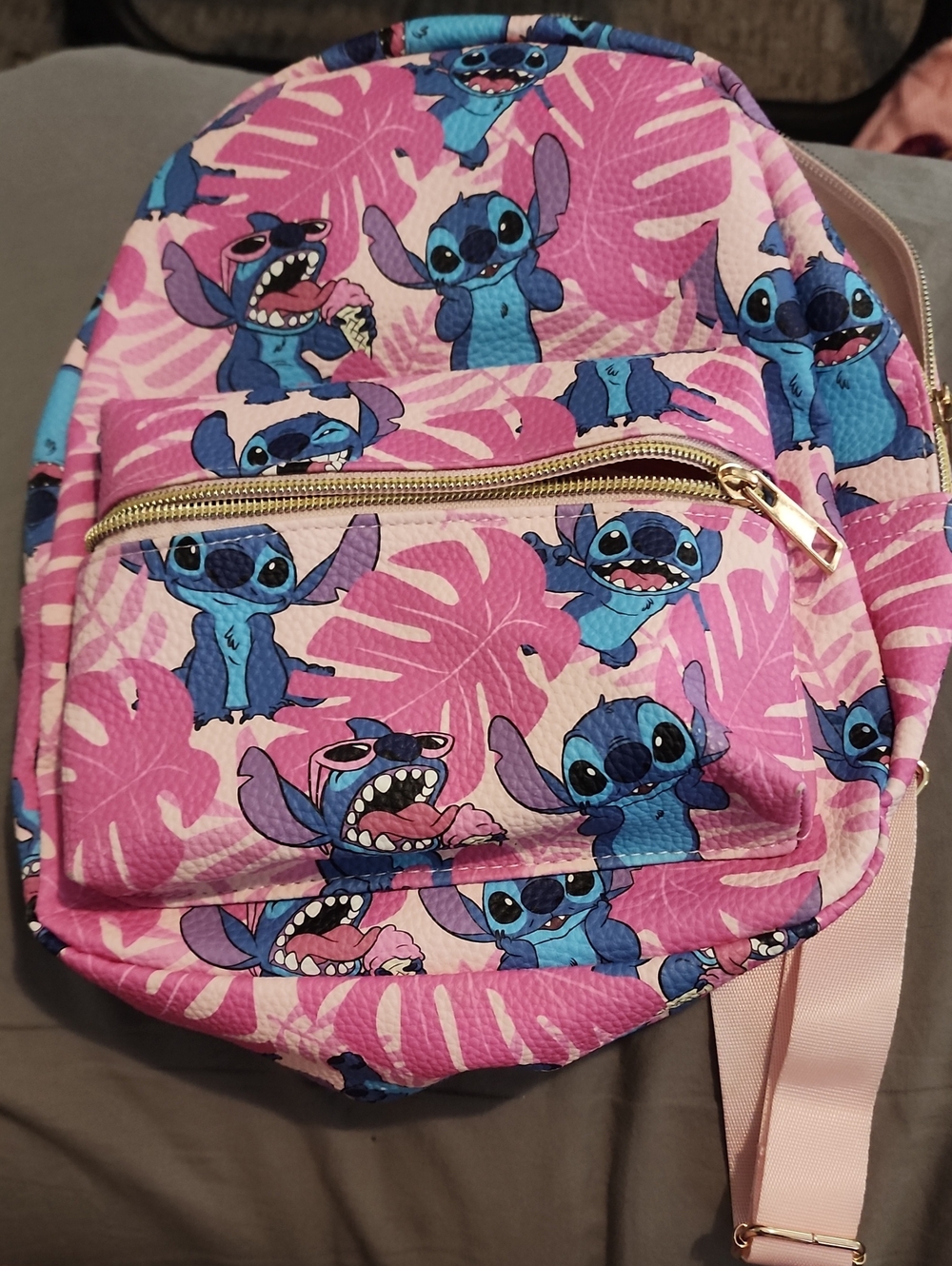 Disney Pink Mini Backpack with Blue Stitch Print and Gold Zipper